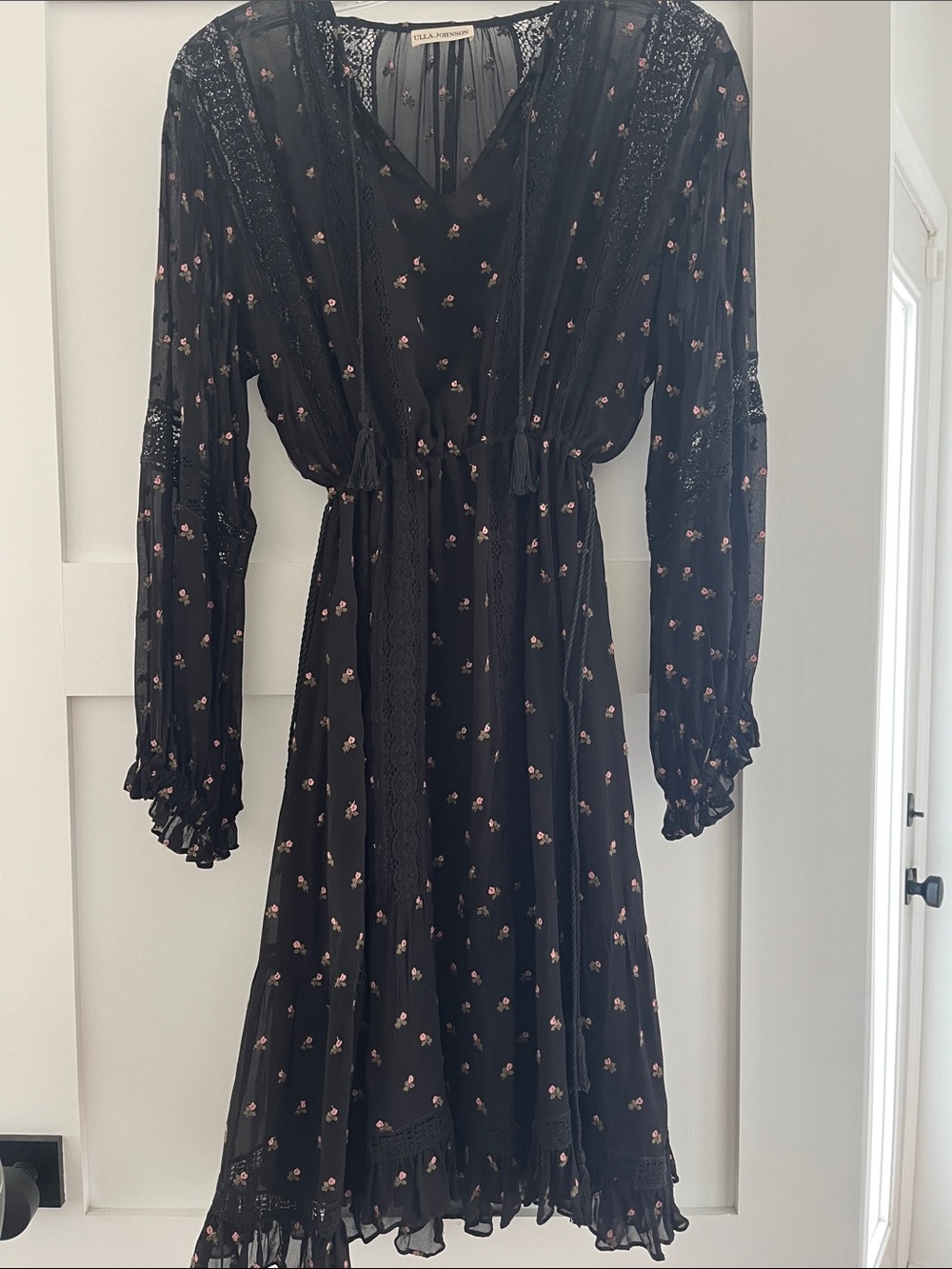 Ulla Johnson Black Floral Long Sleeve Midi with Pink Accents